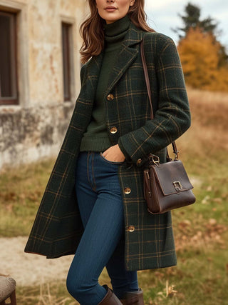 Manteau Long Femme Carreaux Slim Fit Boutonnage Hiver