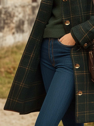 Manteau Long Femme Carreaux Slim Fit Boutonnage Hiver