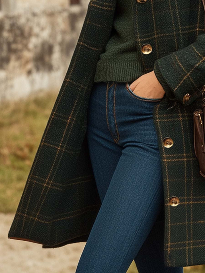 Manteau Long Femme Carreaux Slim Fit Boutonnage Hiver